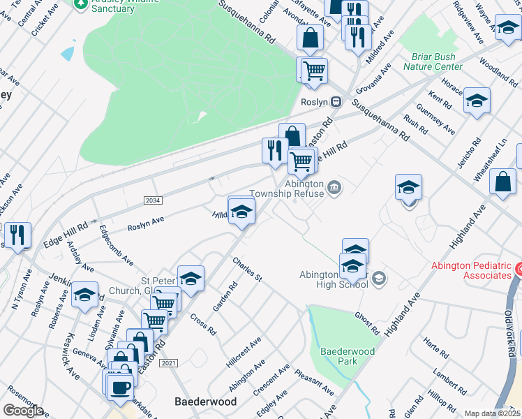 map of restaurants, bars, coffee shops, grocery stores, and more near 871 North Easton Road in Glenside