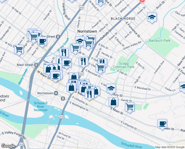 map of restaurants, bars, coffee shops, grocery stores, and more near 217 East Marshall Street in Norristown