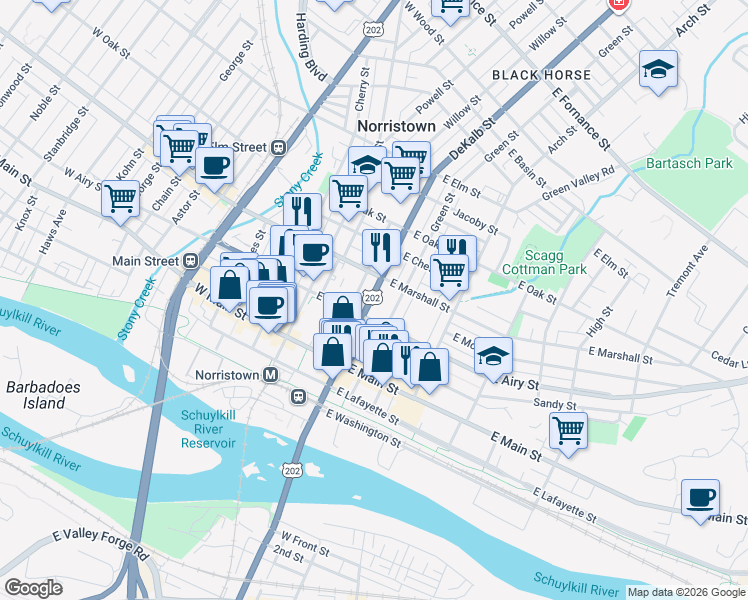 map of restaurants, bars, coffee shops, grocery stores, and more near 534 DeKalb Street in Norristown