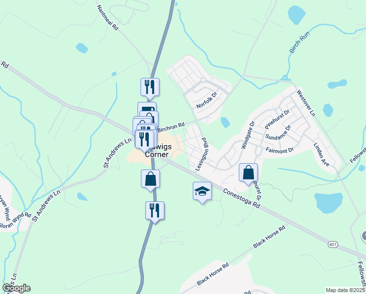 map of restaurants, bars, coffee shops, grocery stores, and more near 2 Windgate Drive in Chester Springs