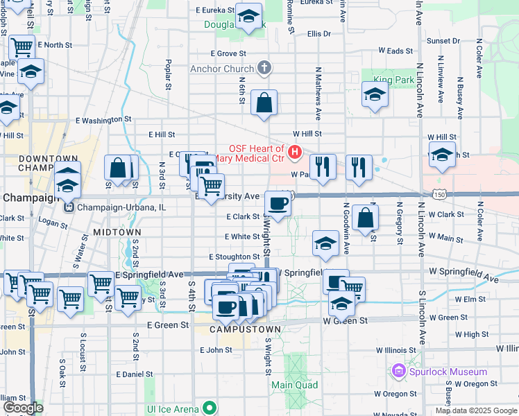 map of restaurants, bars, coffee shops, grocery stores, and more near 601 East University Avenue in Champaign