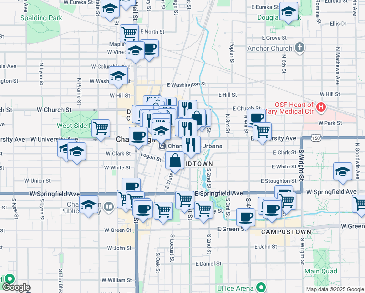 map of restaurants, bars, coffee shops, grocery stores, and more near 115 S 1st St in Champaign