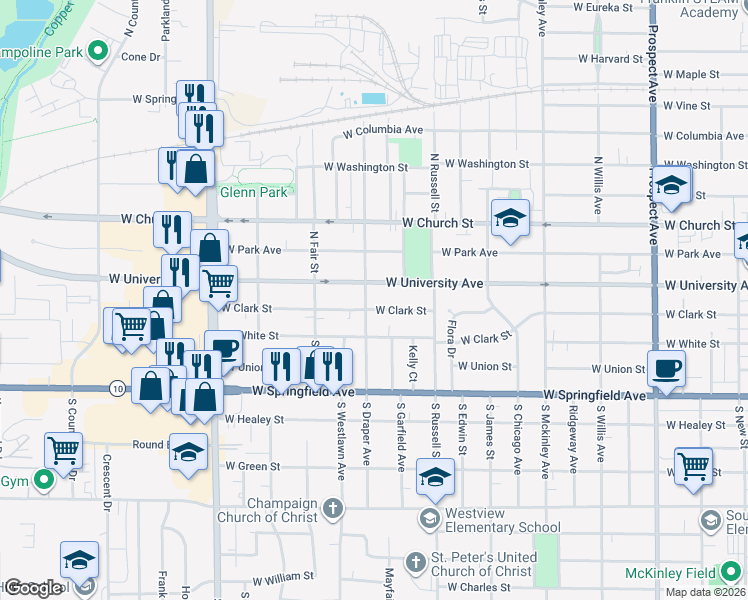 map of restaurants, bars, coffee shops, grocery stores, and more near 105 South Draper Avenue in Champaign