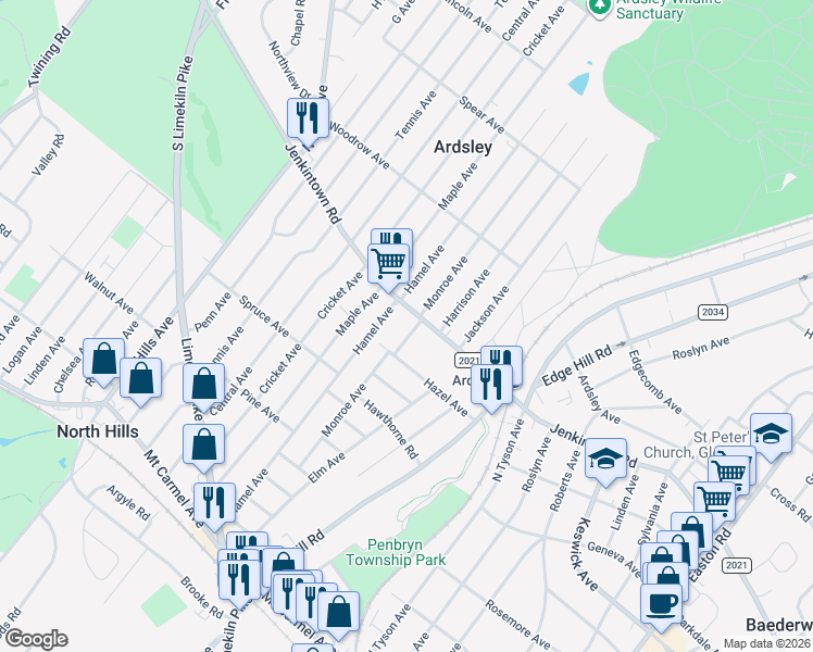 map of restaurants, bars, coffee shops, grocery stores, and more near 2756 Jenkintown Road in Glenside