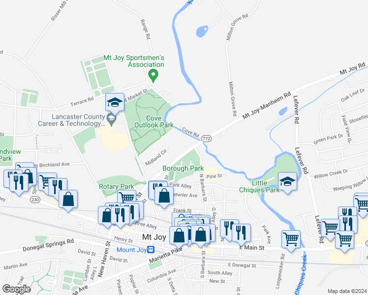 map of restaurants, bars, coffee shops, grocery stores, and more near 390 Manheim Street in Mount Joy