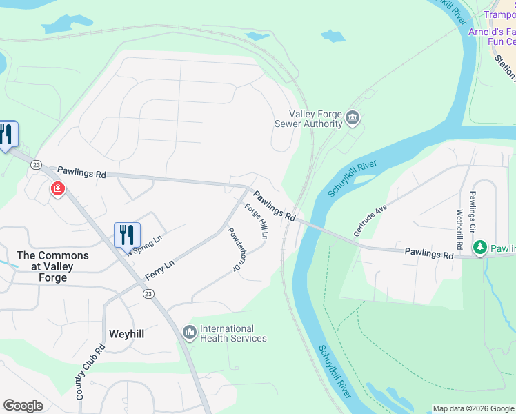 map of restaurants, bars, coffee shops, grocery stores, and more near 137 Forge Hill Lane in Phoenixville