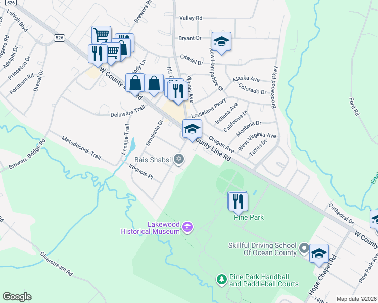 map of restaurants, bars, coffee shops, grocery stores, and more near 27 Pawnee Road in Lakewood