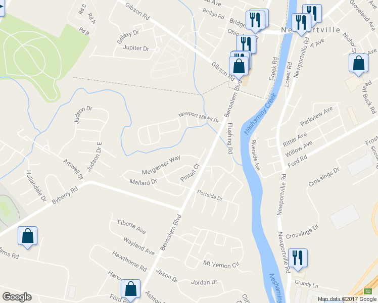 map of restaurants, bars, coffee shops, grocery stores, and more near 5125 Merganser Way in Bensalem