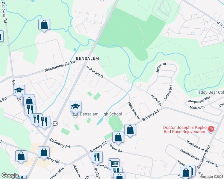 map of restaurants, bars, coffee shops, grocery stores, and more near 4759 Lanfair Place in Bensalem