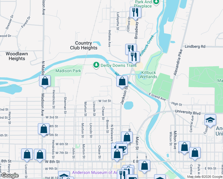map of restaurants, bars, coffee shops, grocery stores, and more near 2-98 Delaware Street in Anderson