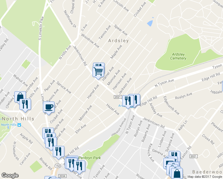 map of restaurants, bars, coffee shops, grocery stores, and more near 2723 Jenkintown Road in Glenside