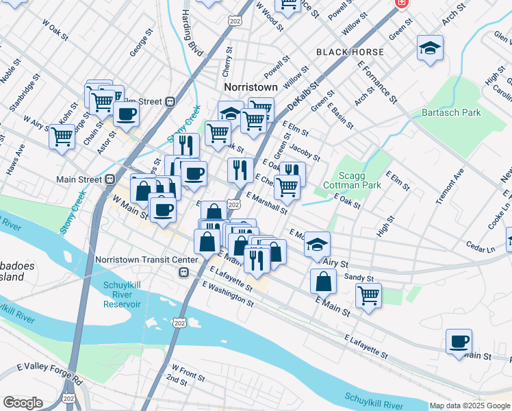 map of restaurants, bars, coffee shops, grocery stores, and more near 542 Green Street in Norristown