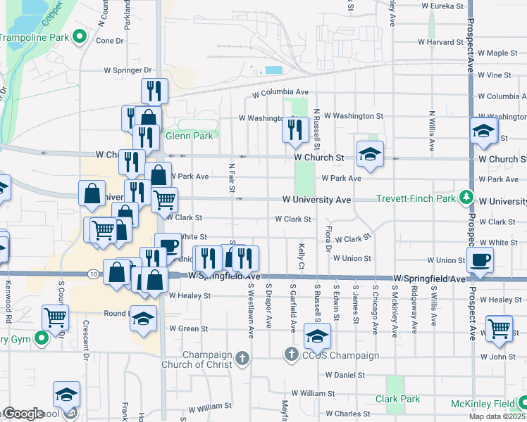 map of restaurants, bars, coffee shops, grocery stores, and more near 105 South Draper Avenue in Champaign