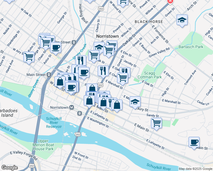 map of restaurants, bars, coffee shops, grocery stores, and more near 537 Green Street in Norristown