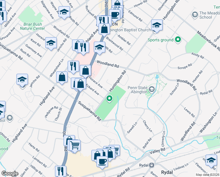 map of restaurants, bars, coffee shops, grocery stores, and more near 1212 Huntingdon Road in Abington