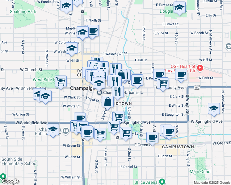 map of restaurants, bars, coffee shops, grocery stores, and more near 115 South 1st Street in Champaign