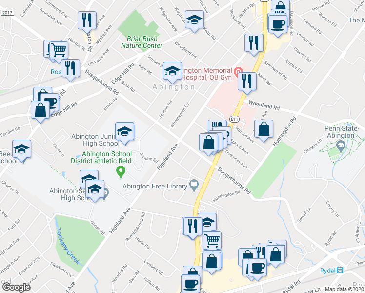 map of restaurants, bars, coffee shops, grocery stores, and more near 1964 Susquehanna Road in Abington