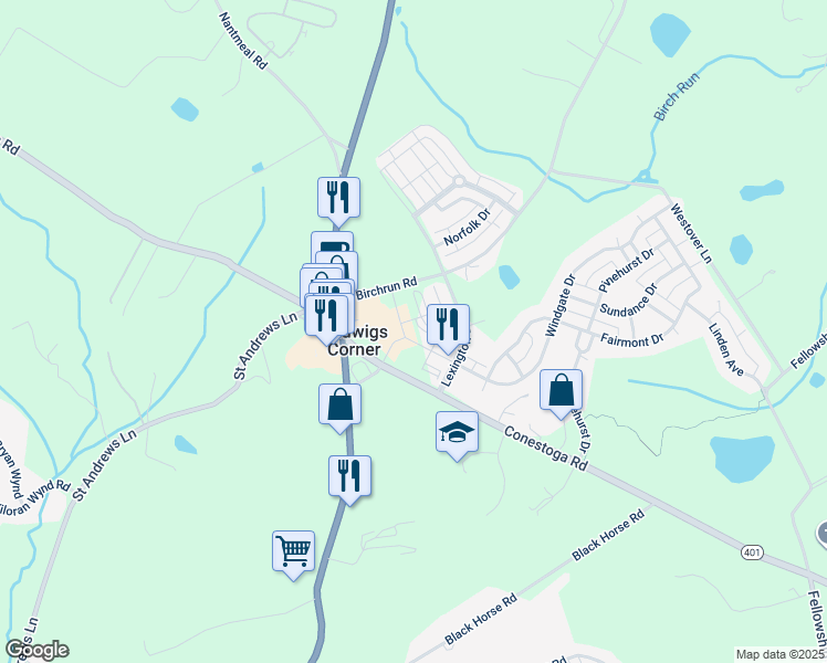 map of restaurants, bars, coffee shops, grocery stores, and more near 225 Windgate Drive in Chester Springs