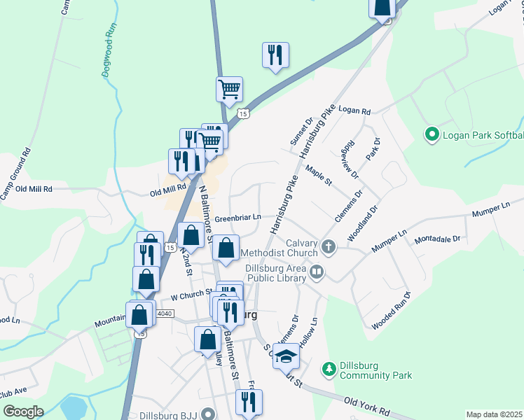 map of restaurants, bars, coffee shops, grocery stores, and more near 31 Greenbriar Lane in Dillsburg