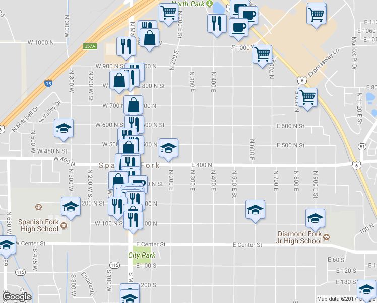 map of restaurants, bars, coffee shops, grocery stores, and more near 471 North 300 East in Spanish Fork