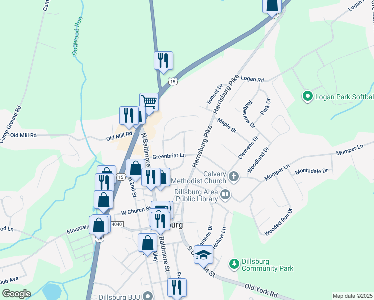map of restaurants, bars, coffee shops, grocery stores, and more near 31 Greenbriar Lane in Dillsburg