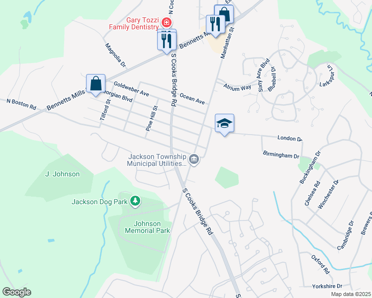 map of restaurants, bars, coffee shops, grocery stores, and more near 46 Beam Avenue in Jackson Township