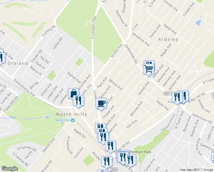 map of restaurants, bars, coffee shops, grocery stores, and more near 346 Tennis Avenue in Glenside