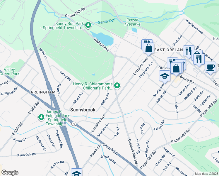map of restaurants, bars, coffee shops, grocery stores, and more near 304 Willow Road in Oreland