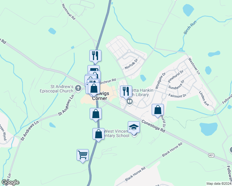 map of restaurants, bars, coffee shops, grocery stores, and more near 2 Windgate Drive in Chester Springs