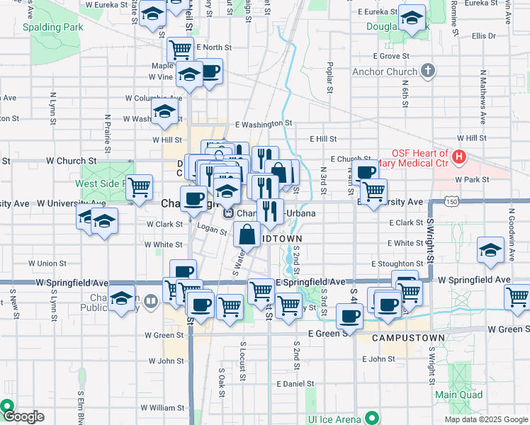 map of restaurants, bars, coffee shops, grocery stores, and more near 115 S 1st St in Champaign