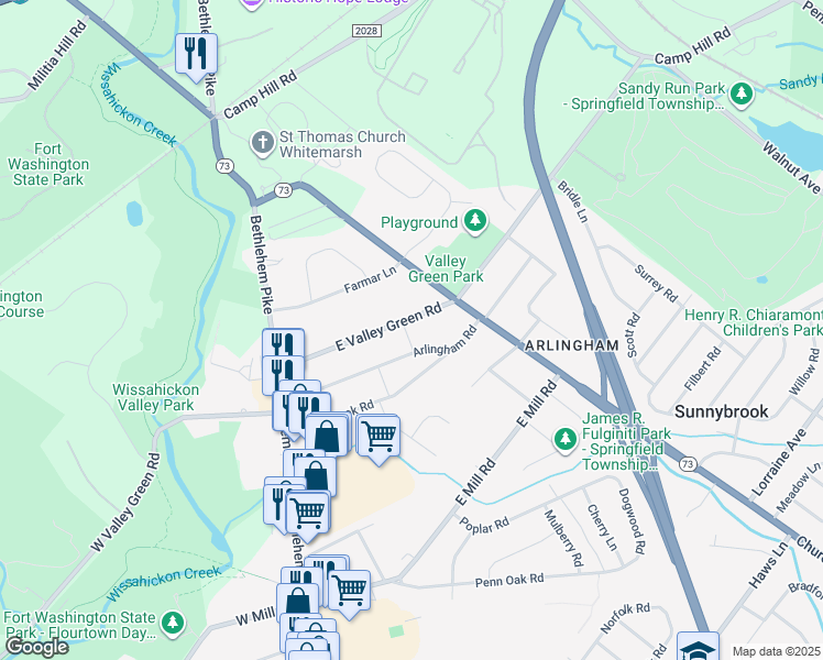 map of restaurants, bars, coffee shops, grocery stores, and more near 6340 East Valley Green Road in Flourtown