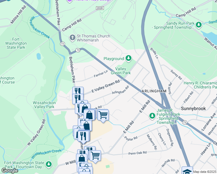 map of restaurants, bars, coffee shops, grocery stores, and more near 6340 East Valley Green Road in Flourtown