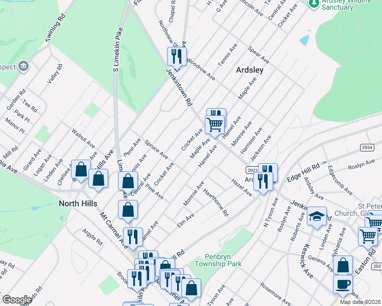map of restaurants, bars, coffee shops, grocery stores, and more near 429 Cricket Avenue in Glenside
