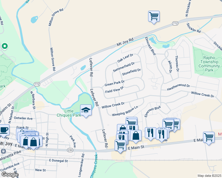 map of restaurants, bars, coffee shops, grocery stores, and more near 5027 Field View Drive in Mount Joy