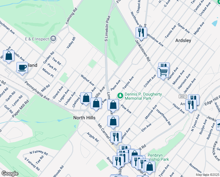 map of restaurants, bars, coffee shops, grocery stores, and more near 3001 Limekiln Pike in Glenside