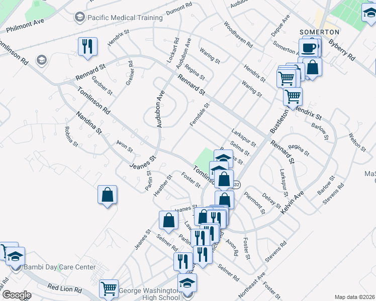 map of restaurants, bars, coffee shops, grocery stores, and more near 441 Tomlinson Road in Philadelphia