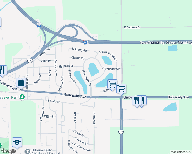 map of restaurants, bars, coffee shops, grocery stores, and more near 2908 Artesia Crossing in Urbana