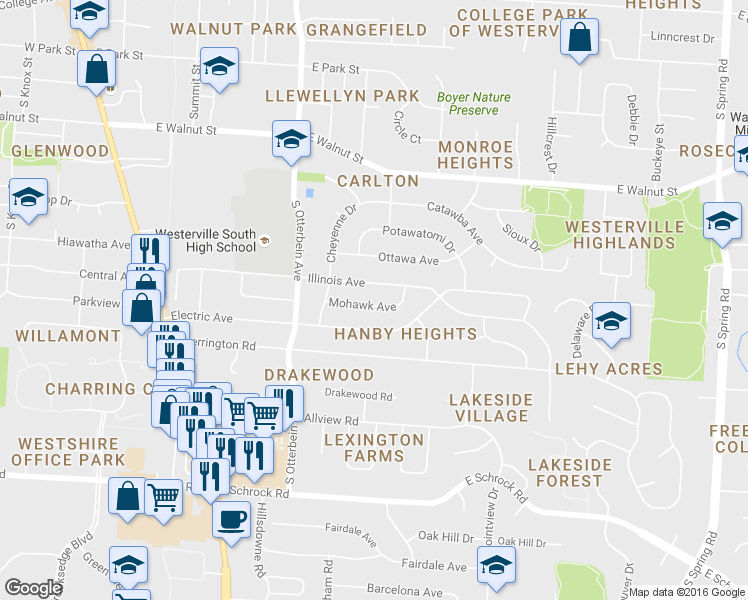 map of restaurants, bars, coffee shops, grocery stores, and more near 262 Mohawk Ave in Westerville