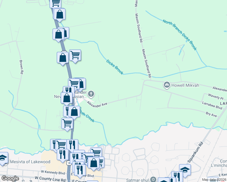 map of restaurants, bars, coffee shops, grocery stores, and more near 277 Alexander Avenue in Howell Township