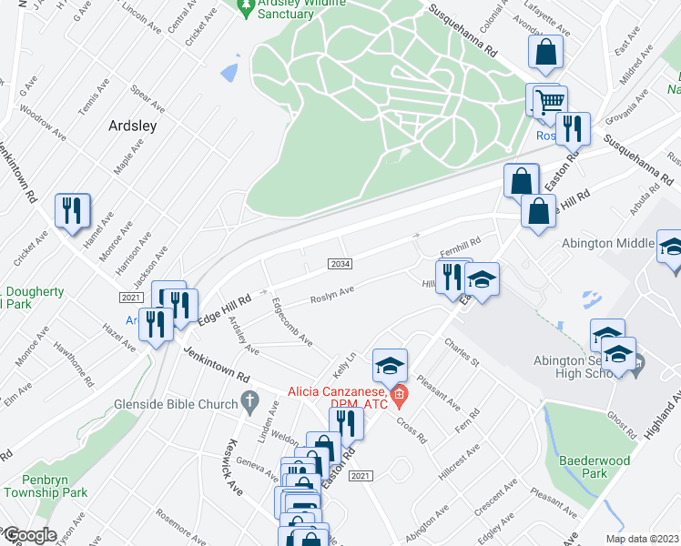 map of restaurants, bars, coffee shops, grocery stores, and more near 731 Edge Hill Rd in Glenside