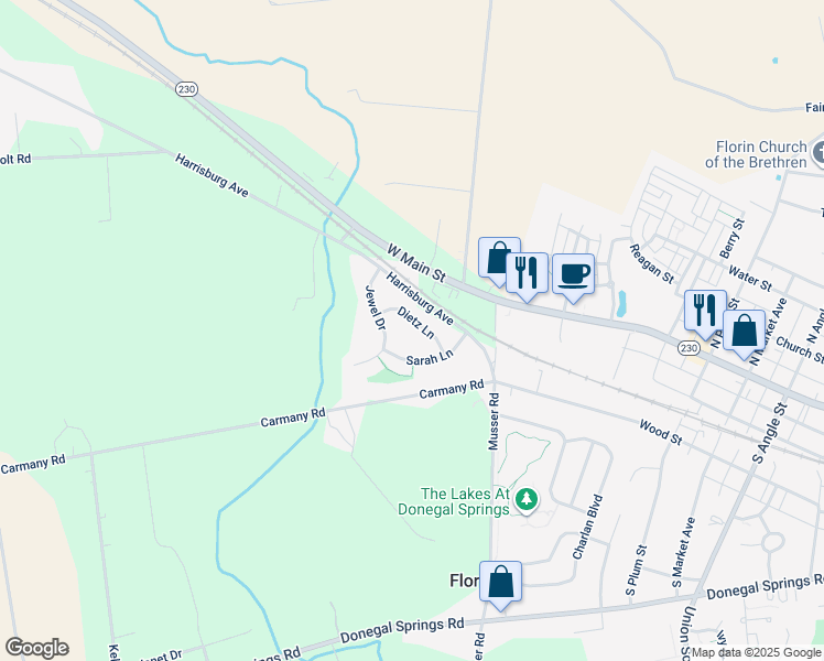 map of restaurants, bars, coffee shops, grocery stores, and more near 22 Dietz Lane in Mount Joy