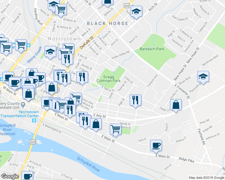 map of restaurants, bars, coffee shops, grocery stores, and more near 805 Violet Street in Norristown