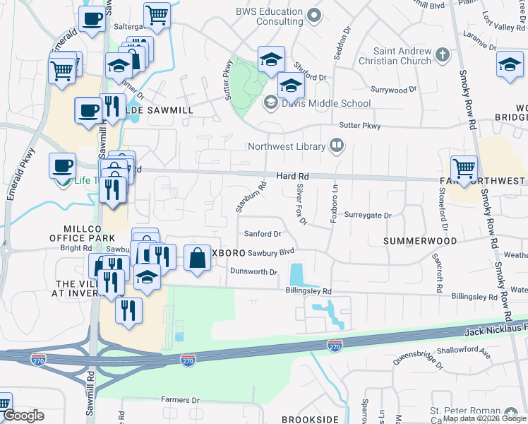 map of restaurants, bars, coffee shops, grocery stores, and more near 2432 Sandstrom Dr in Columbus