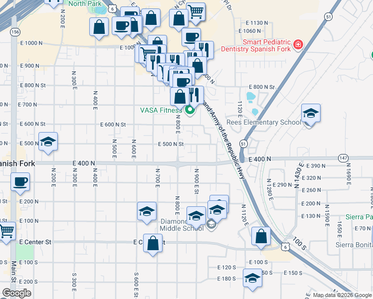 map of restaurants, bars, coffee shops, grocery stores, and more near 810 East 500 North Street in Spanish Fork
