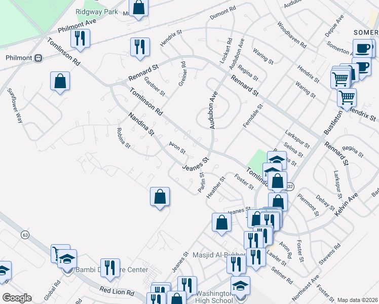 map of restaurants, bars, coffee shops, grocery stores, and more near 343 Avon Street in Philadelphia