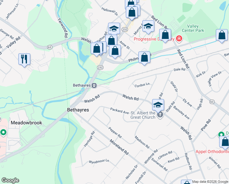 map of restaurants, bars, coffee shops, grocery stores, and more near 515 Welsh Road in Montgomery County