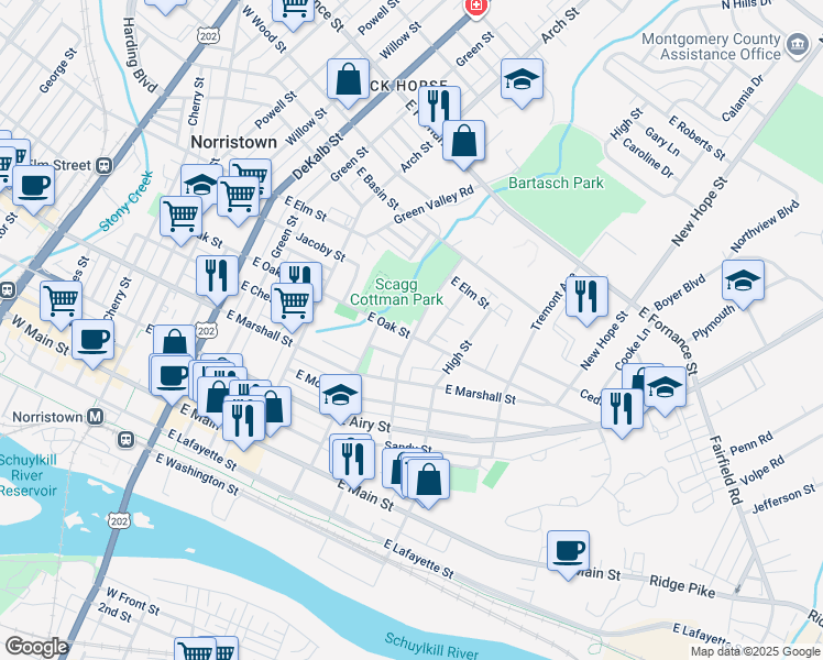 map of restaurants, bars, coffee shops, grocery stores, and more near 805 Violet Street in Norristown