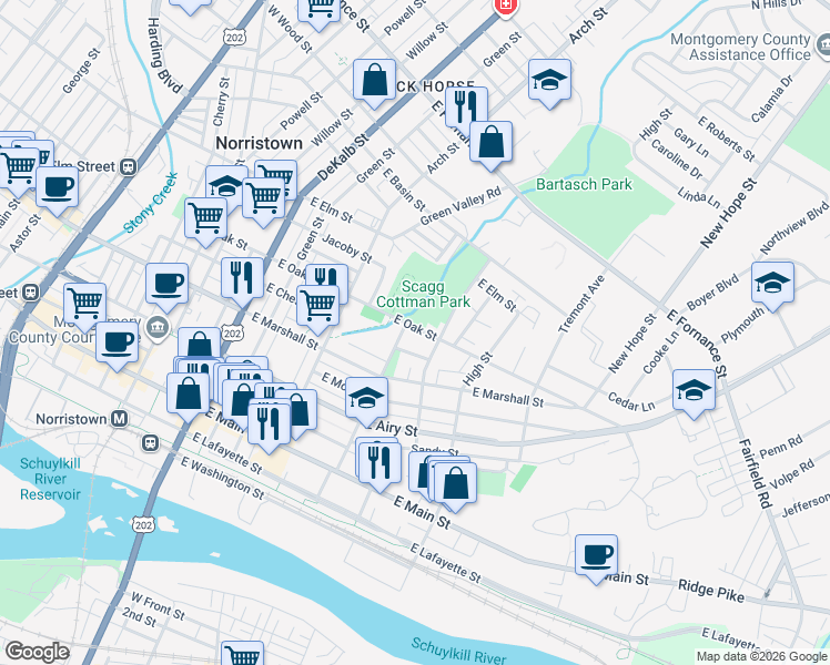 map of restaurants, bars, coffee shops, grocery stores, and more near 400 East Oak Street in Norristown