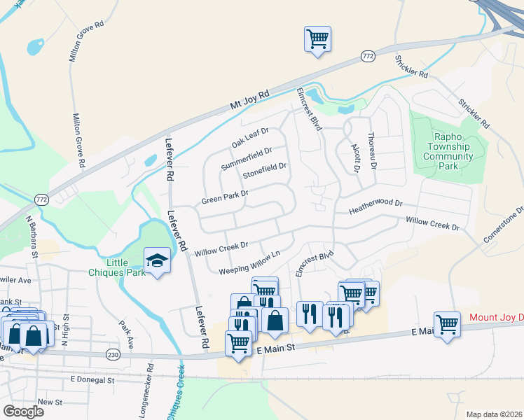 map of restaurants, bars, coffee shops, grocery stores, and more near 3453 Green Leaf Drive in Mount Joy