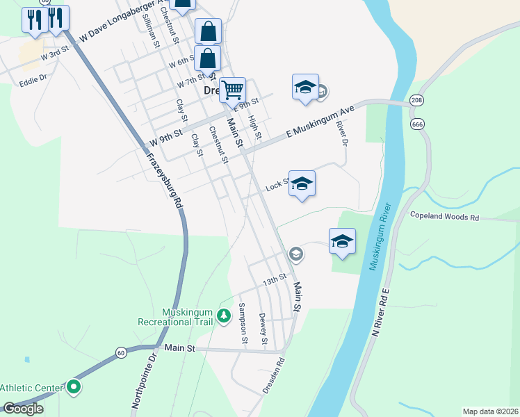 map of restaurants, bars, coffee shops, grocery stores, and more near 1311 Main Street in Dresden